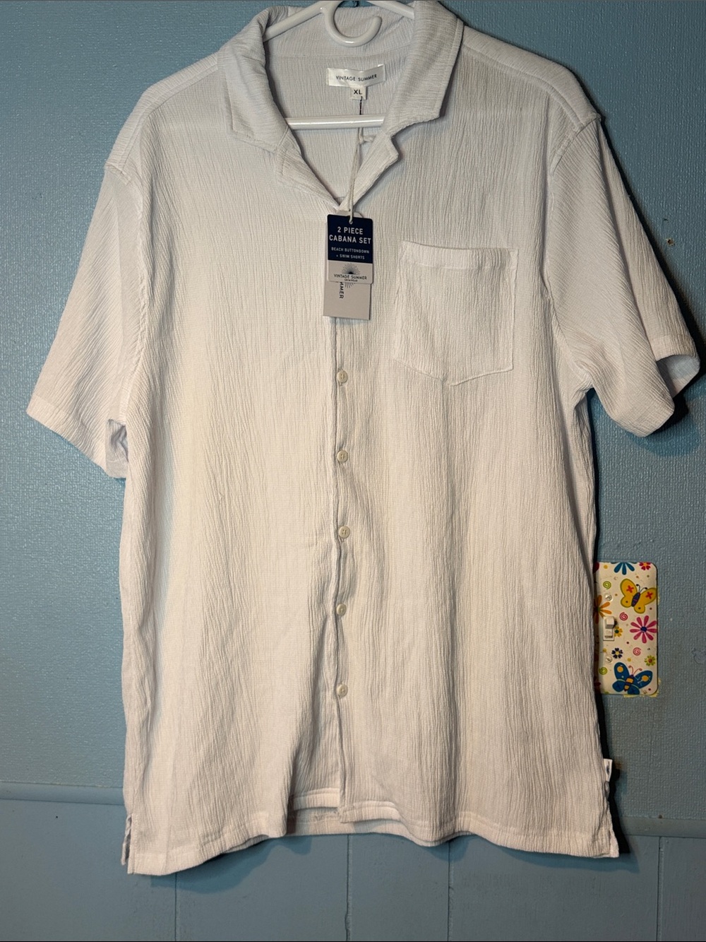 Van Heusen White Short-Sleeve Textured Camp Collar Button-Down Shirt